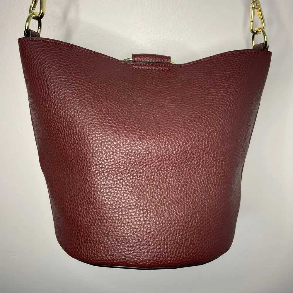 Katie Loxton London Burgundy Pebbled Bucket Crossbody Shoulder Bag Gold Ring
